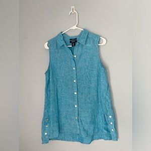 Jones NY linen Sleeveless collared button shirt ocean blue blouse sz Medium